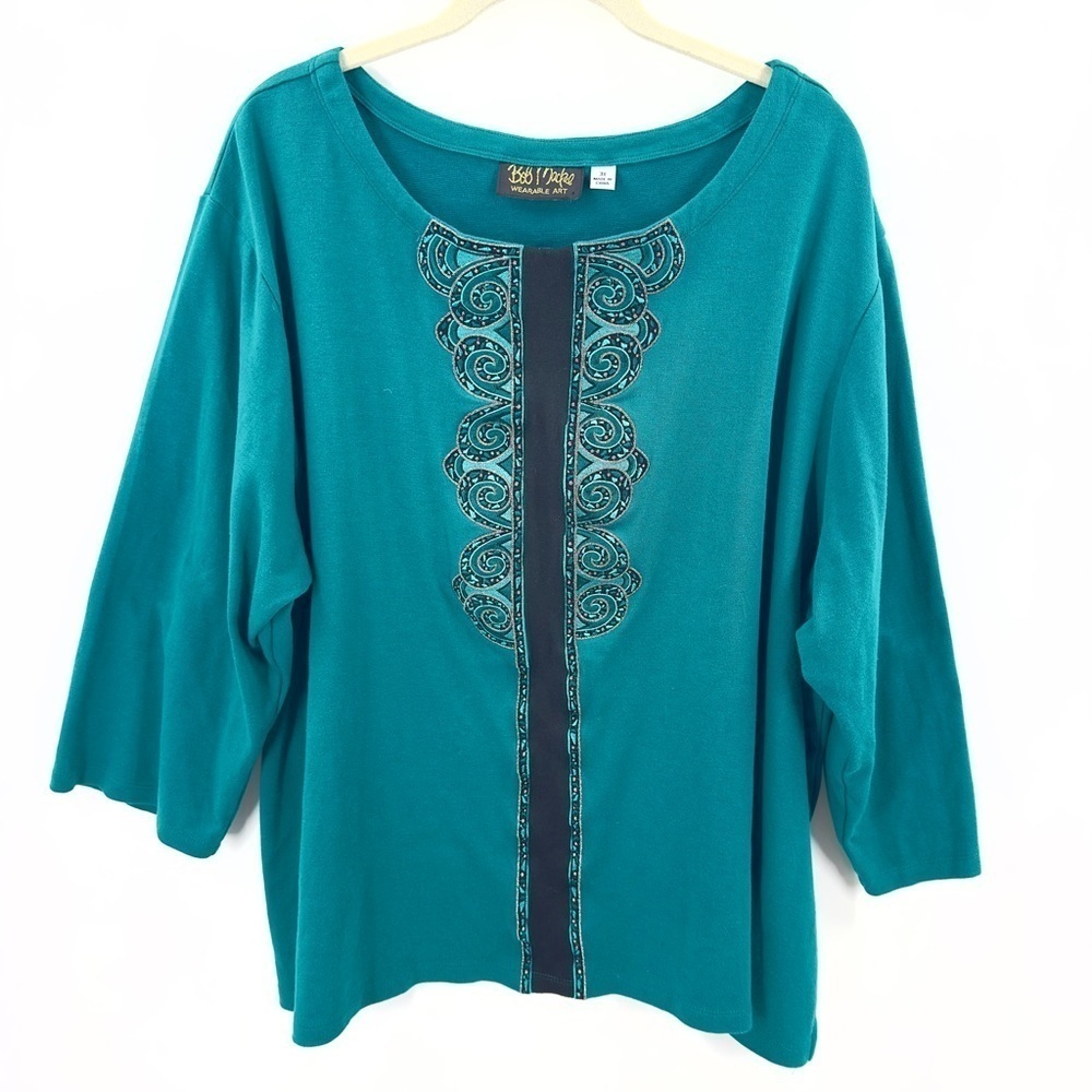 Bob Mackie Top Womens 3X Wearable Art Embroidered Jewel Tone Stretch Boho